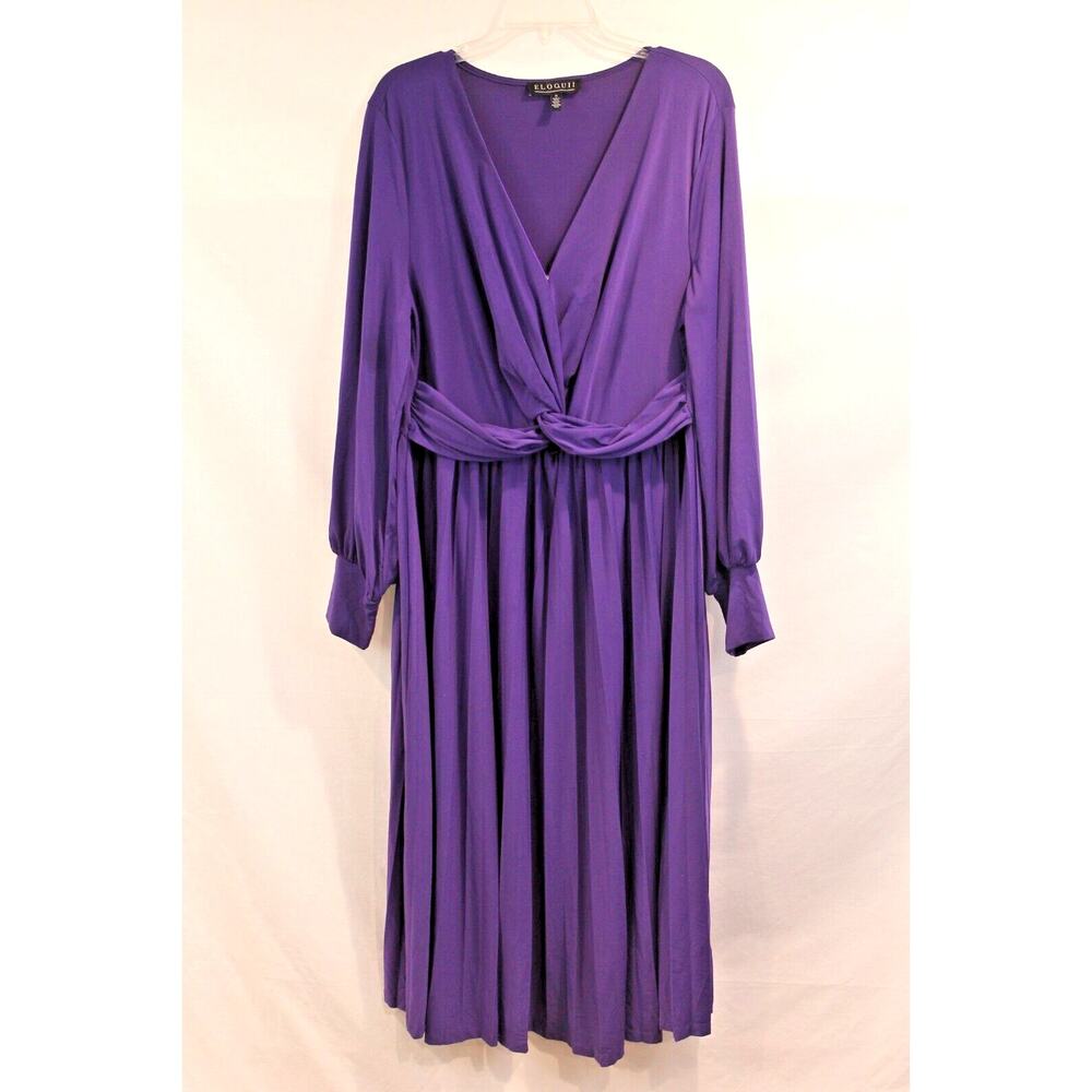 Eloquii Twist Knot Front Pleated Dress Womens Size 16 Purple V-Neck Long Sleeves